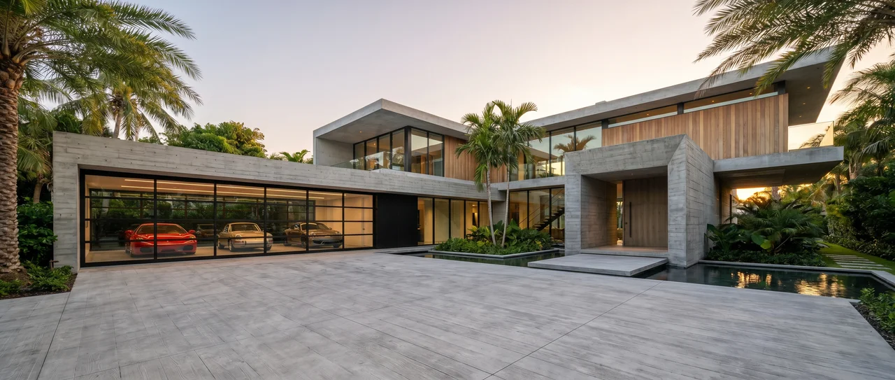 Modern South Florida home with concrete driveway and garage entrance